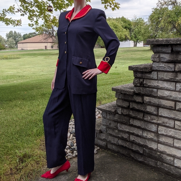 Vintage John Roberts Western Style Navy Red Pants Suit 9/10 Large - Picture 4 of 16